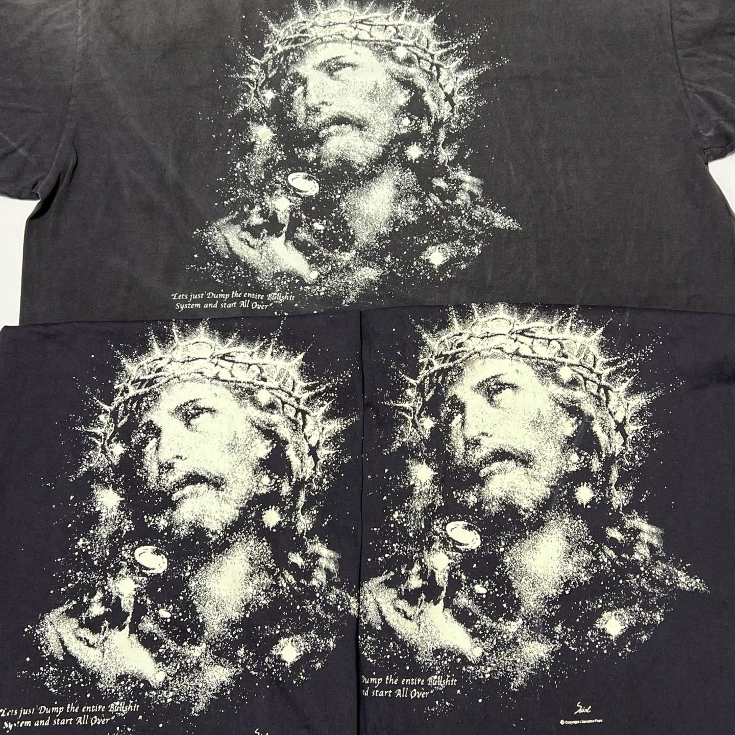Printing proofing, luminous effect SAINT Mxxxxxx SS TEE/JESUS/BLK Luminous Jesus of Thorns, washed black S-XL, vulcanized garment dyeing, heavy washing, spray fading, simulating natural fading texture, creating ceiling new vintage effect, environmentally friendly luminous paste imported from Japan, significant luminous effect, tube-woven OE yarn fabric, correct accessories, top purchasing agent level